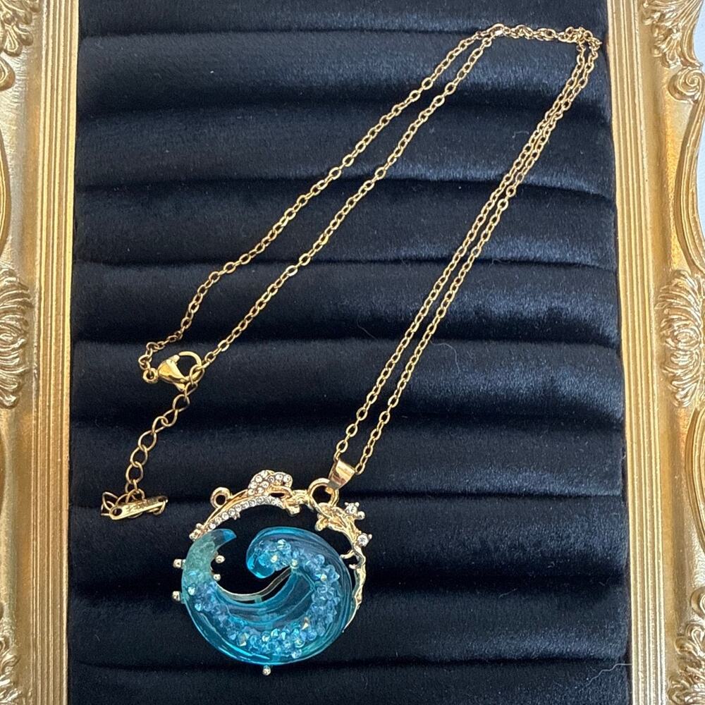 Ocean Wave Pendant Necklace Gold Tone S.Steel Dainty Chain Coastal Beach Jewelry